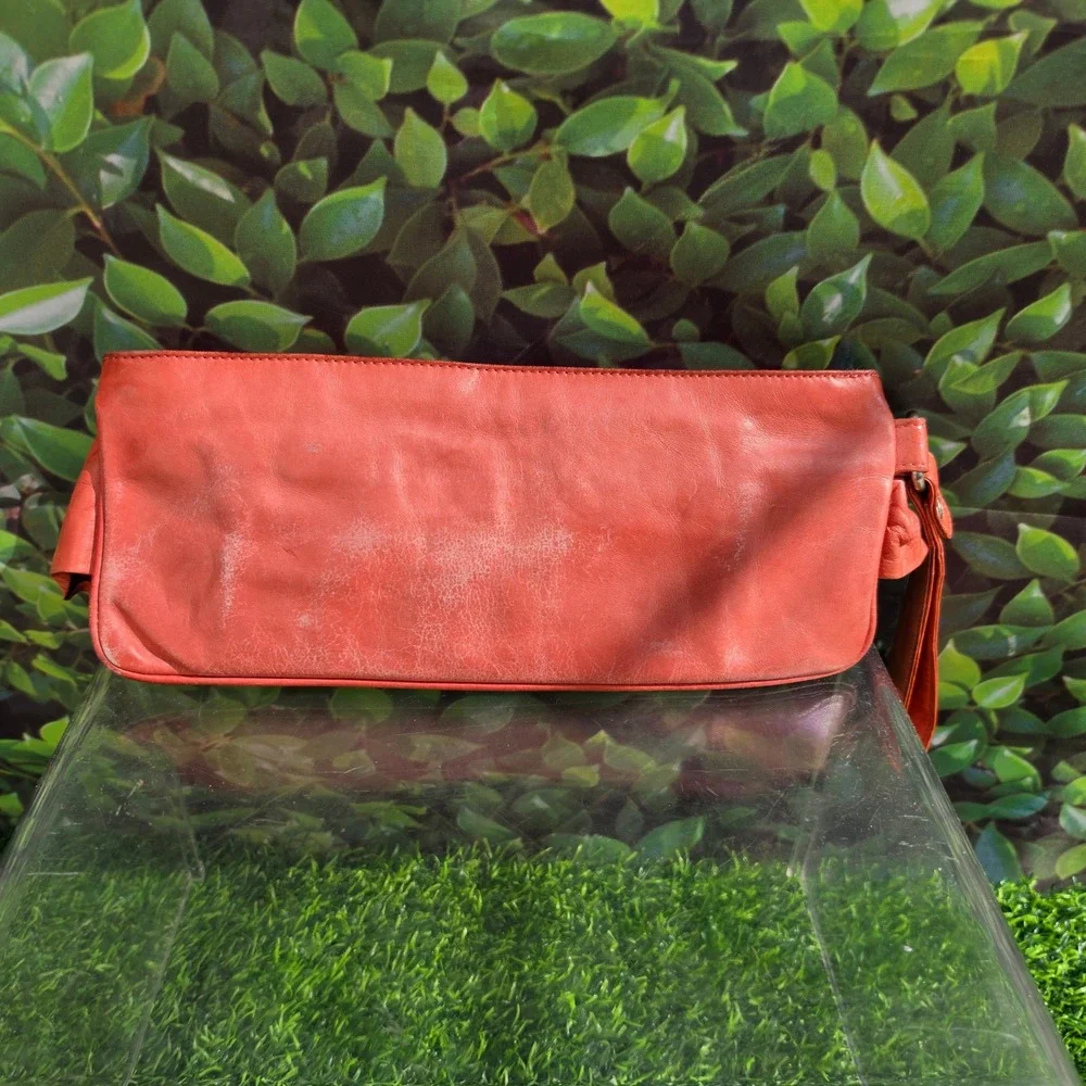 Hobo International Orange Red Ruffle Leather Wristlet Clutch Bag